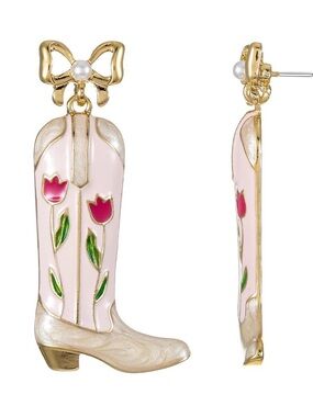 New Packed Party Pink Tulip Cowboy Boot Drop Earrings - Gold Bow Accent